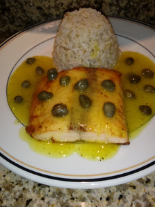 Salmon with Lemon Caper Sauce, Rice