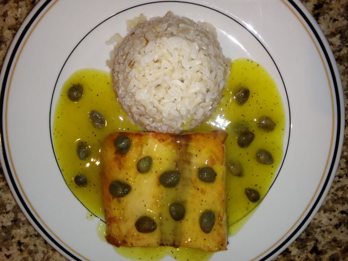 Salmon with Lemon Caper Sauce, Rice