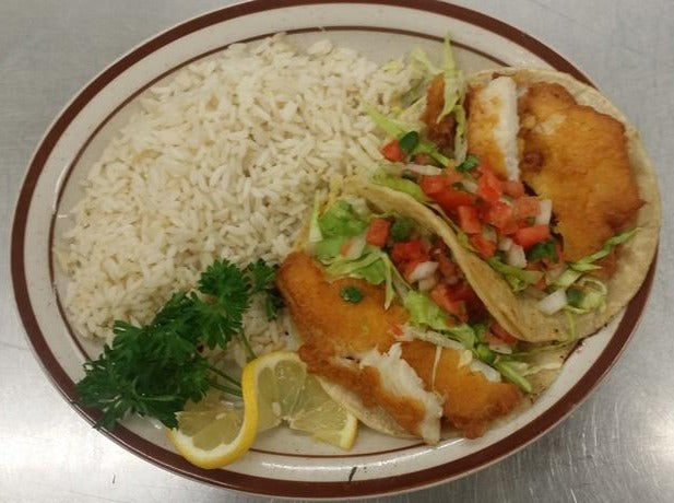 Fish Tacos, Rice, Beans