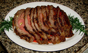 Rotisserie Standing Prime Rib. Flame Show Cooking Catering or Drop Off Catering